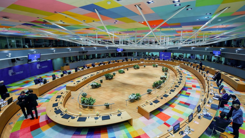 European Union leaders at a round-table meeting in Brussels on Tuesday. Photograph: Olivier Matthys/EPA