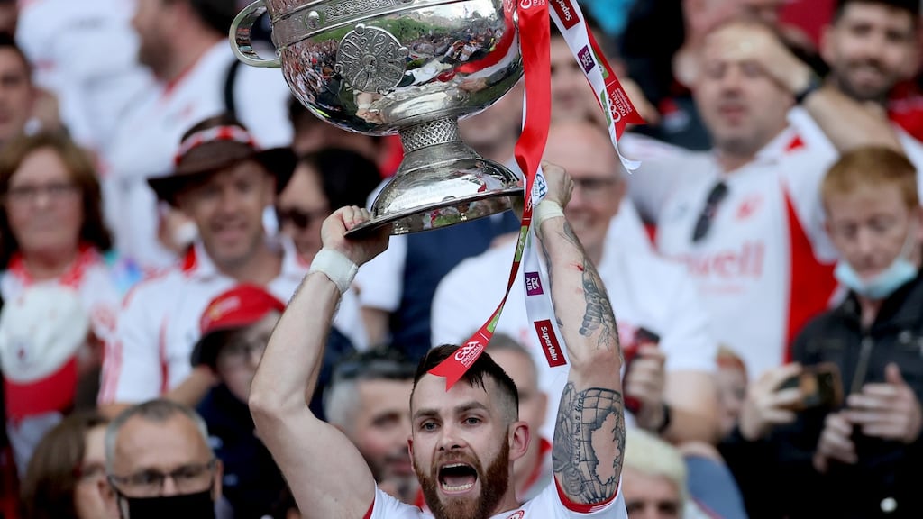 Tyrone’s Ronan McNamee celebrates with the Sam Maguire cup following victory over Mayo in this year’s  All-Ireland final. Photograph: James Crombie/Inpho