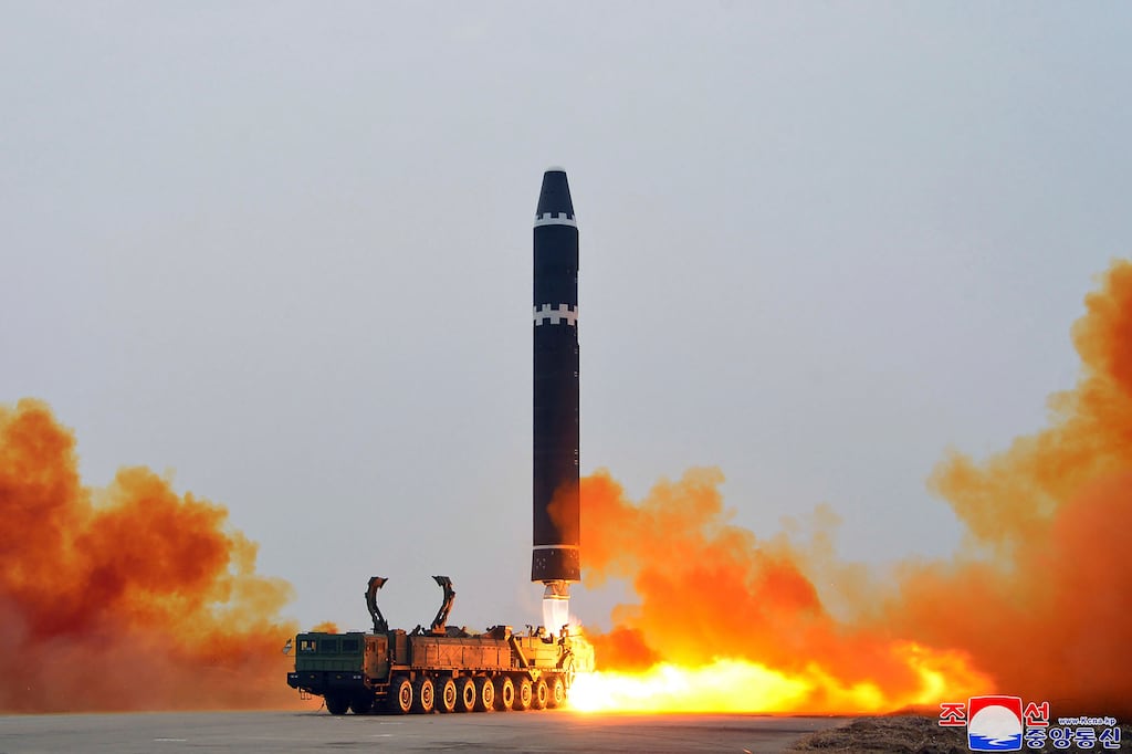 Japan’s defence ministry said the two missiles, launched around 10pm Irish time, reached a maximum altitude of about 100km and 50km, and fell outside Japan’s exclusive economic zone.. Photograph: Korean Central News Agency/Korea News Service via AP