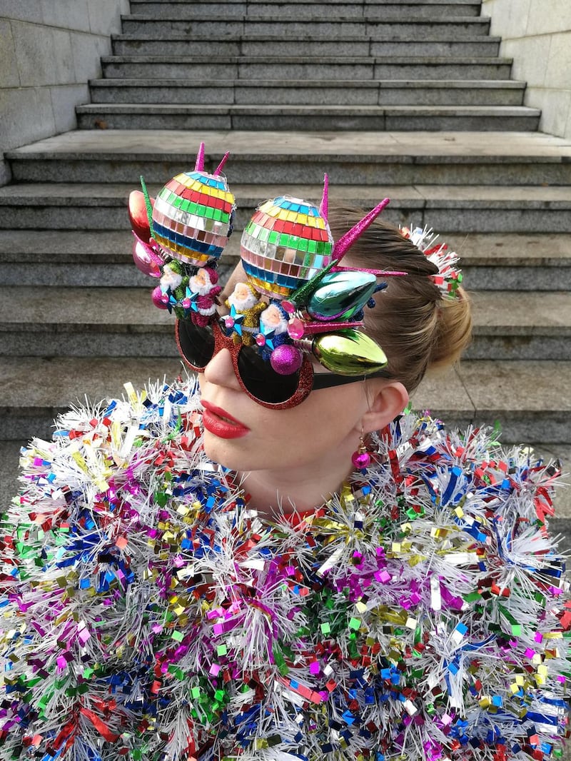‘This coat was a charity find, customised using ribbon glitter stars from Dealz and faux fur,’ Jen Nollaig says. Photograph: Edward Keegan