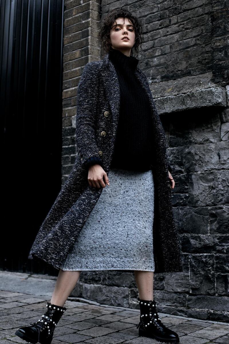Coat €490 Isabel Marant, jumper €530, skirt €445 Victoria Beckham, Brown Thomas. Boots €79.99 Zara.