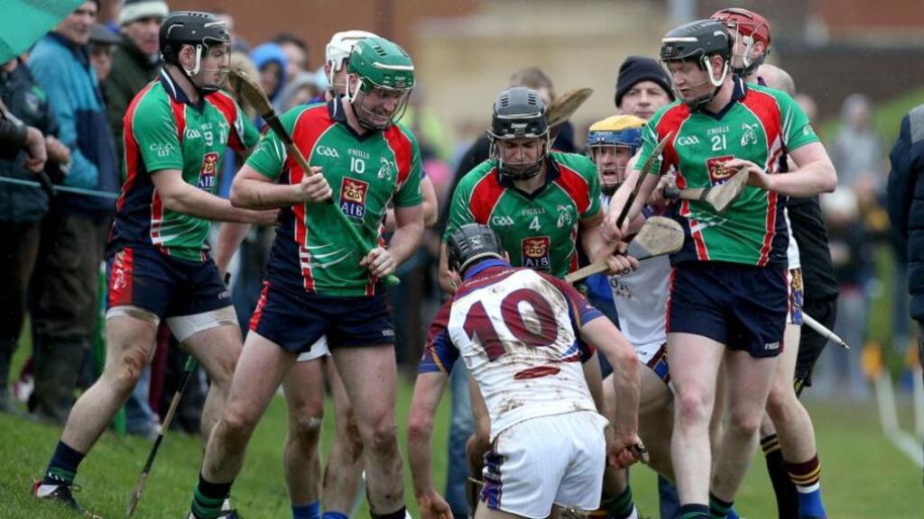 Tempers flare during yesterday’s Fitzgibbon Cup quarter-final between University of Limerick and Limerick IT at the UL grounds. Photograph: Ryan Byrne/Inpho