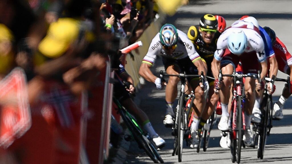Slovakia’s Peter Sagan and Mark Cavendish clash near the finish line at the end of the fourth stage of the Tour de France. Photograph: Getty Images