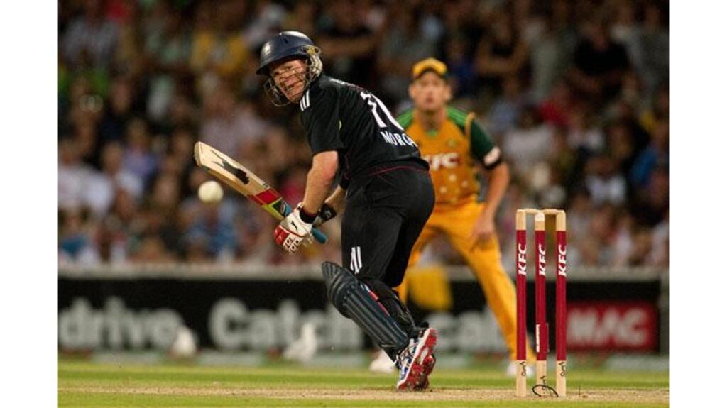 England's Eoin Morgan bats during the first International Twenty20 win against Australia at the Adelaide Oval (Photograph: Gareth Copley/PA Wire)