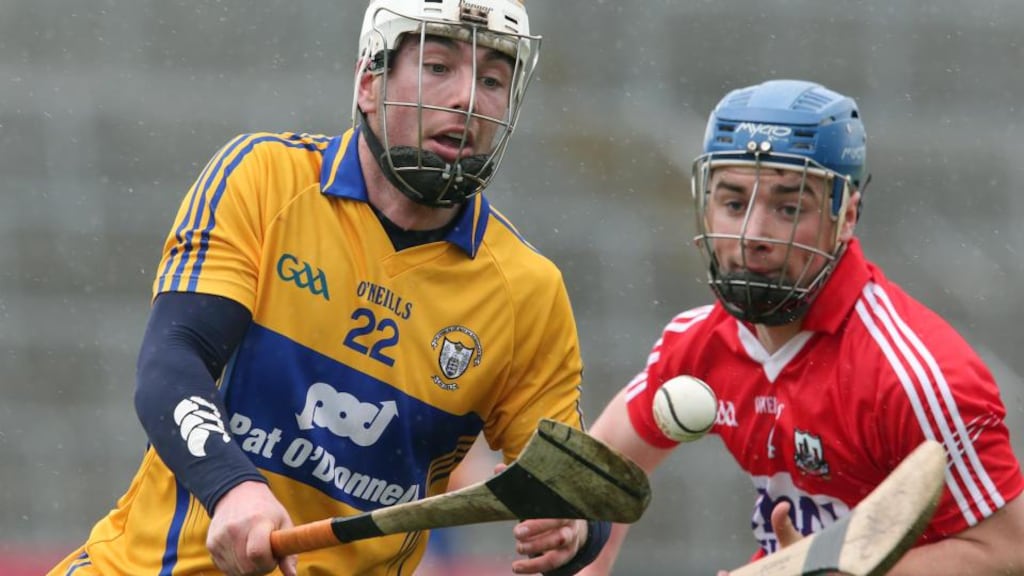 Cork’s Conor O’Sullivan and Conor McGrath of Clare clash in the Allianz Hurling League Division 1A Relegation Play-Off last April. ©INPHO/Lorraine O’Sullivan