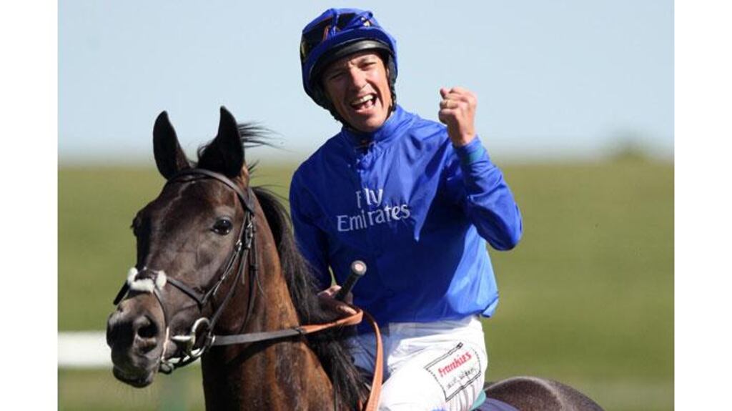 Jockey Frankie Dettori and Blue Bunting celebrate after winning Qipco 1,000 Guineas Stakes at Newmarket. Photograph: Steve Parsons/PA Wire