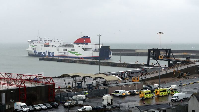 The ferry on which 16 people were found arrives at Rosslare Europort in Co Wexford, where emergency personnel await its arrival. Photograph: Niall Carson/PA Wire.