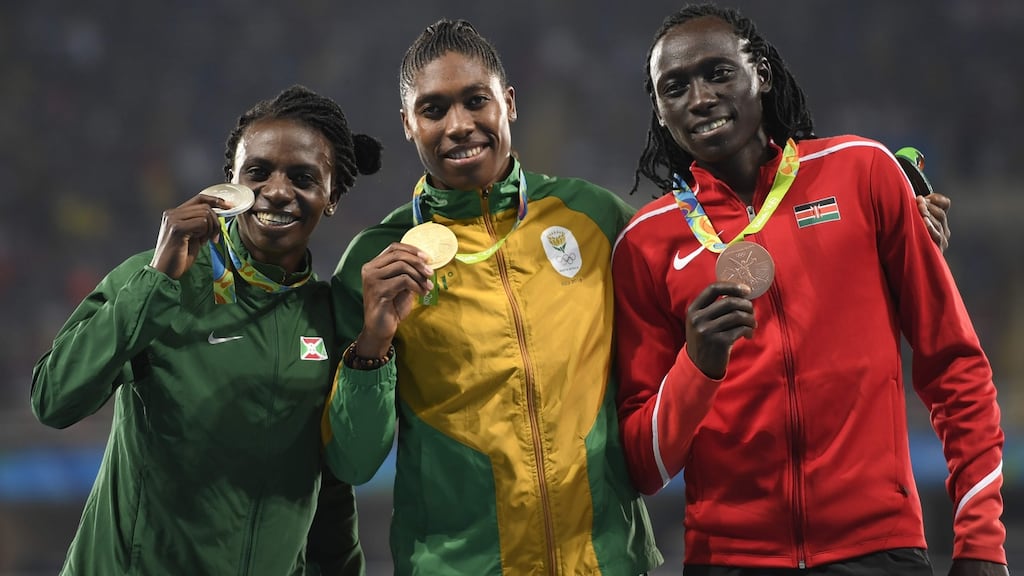 800m Silver medallist Burundi’s Francine Niyonsaba (left), gold medallist South Africa’s Caster Semenya, and bronze medallist Kenya’s Margaret Nyairera Wambui. Photograph: Eric Feferberg/AFP/Getty Images