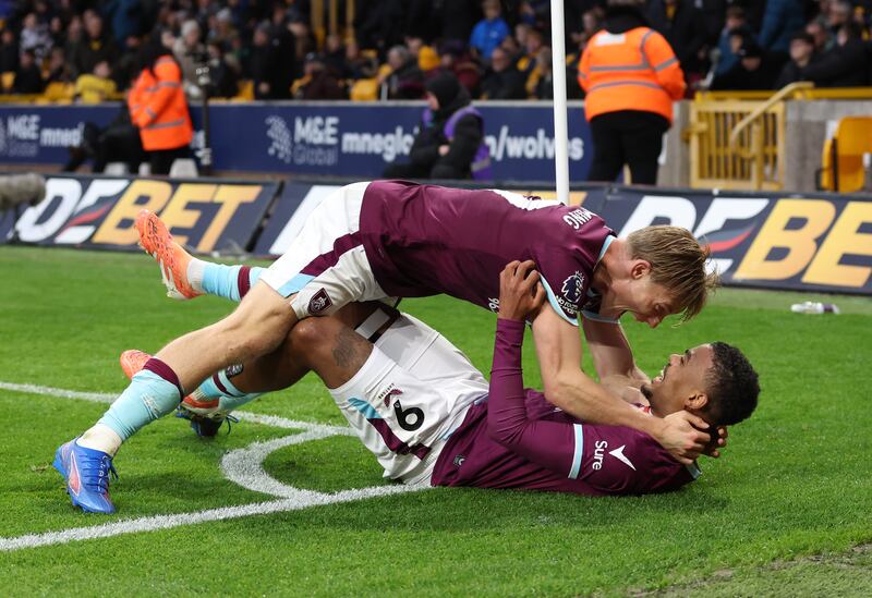 Burnley's Lyle Foster (right) celebrates with team-mate Zian Flemming. Photograph: Nigel French/PA
