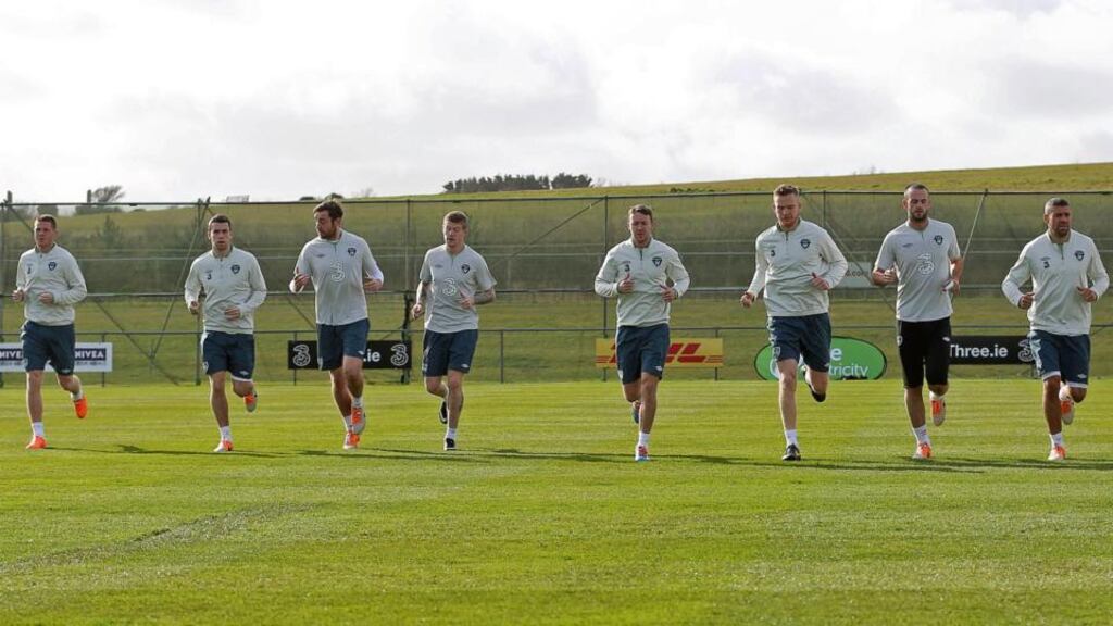 Republic of Ireland squad training at Gannon Park, Malahide, yesterday, ahead of tonight’s friendly against Serbia. Photograph: Donall Farmer/Inpho