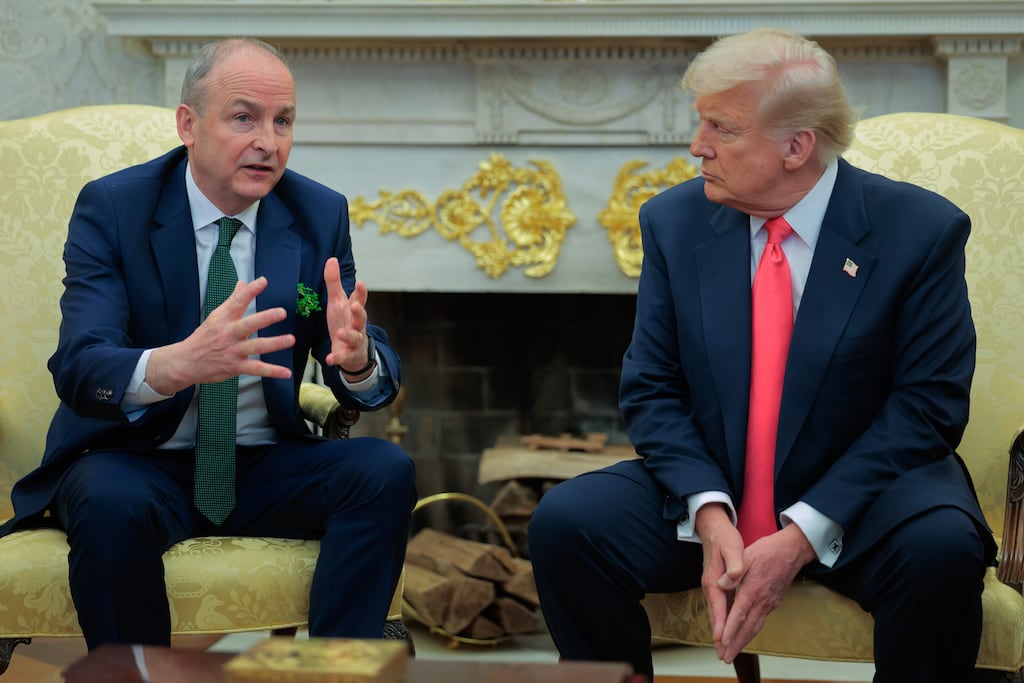 Taoiseach Micheál Martin with US President Donald Trump in the Oval Office. For the most part, Martin sat in silence as his US counterpart railed against the usual scapegoats: Joe Biden, the European Union, the “deep state”. Photograph: Chip Somodevilla/Getty Images