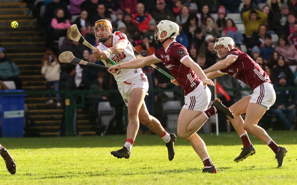 Cork's Seán Twomey scores a goal during the Allianz Hurling League Division One game against Galway at Pearse Stadium. Photograph: Bryan Keane/Inpho