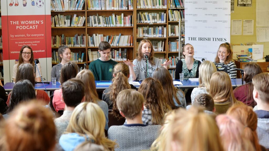 Louise O’Neill, centre, at the recording of an episode of The Irish Times’s Women’s Podcast in Mount Temple secondary School. Photograph: Alan Betson