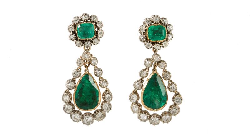 Emerald and diamond pendant earrings from O’Reilly’s, €20,000-€30,000