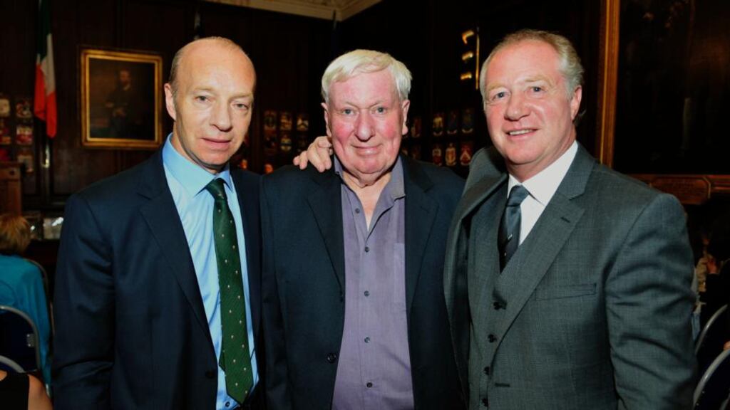 At the memorial event for footballer Patrick O’Connell in The Mansion House were Mike O’Connell (centre) grandson of Patrick O’Connell with Steve Archibald (left) ex FC Barcelona and Scotland and Jimmy Nicholl (right) Ex Manchester United and Northern Ireland.Photograph: Aidan Crawley