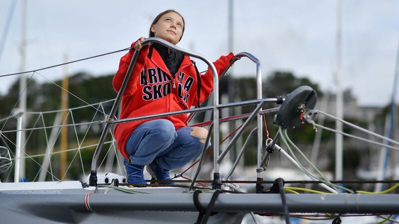 Greta Thunberg on board the Malizia II yacht at the Mayflower Marina in Plymouth on Tuesday, ahead of her journey across the Atlantic to New York where she will attend the UN climate action summit next month. Photograph: Ben Stansall/AFP/Getty Images