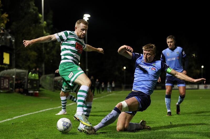 Shamrock Rovers' Seán Hoare in action against Sam Todd of UCD.
File photograph: Ben Brady/Inpho