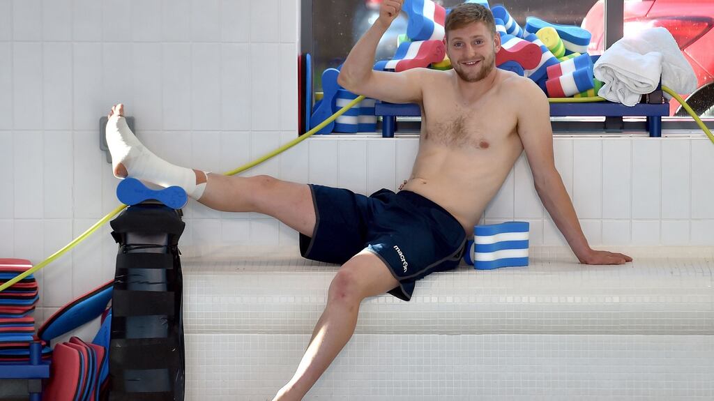 Scotland’s Finn Russell gives a thumbs up during a pool recovery session at The Royal Grammar School, Newcastle. Photograph: Owen Humphreys/PA