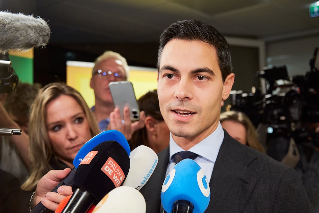 D66 leader Rob Jetten addressing the press as the election results came in on Wednesday. He looks set to be the next prime minister. Photograph: Pierre Crom/Getty Images