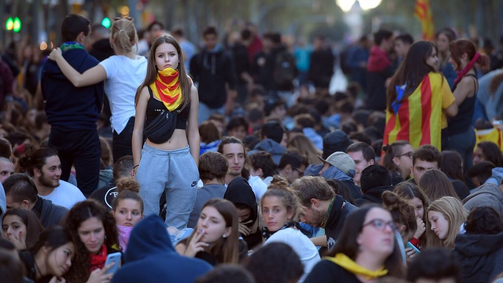 Demonstrators participate in a sit-in in Barcelona on Wednesday during a demonstration called by the local Republic Defence Committees. Photograph: Lluis Gene/AFP/Getty Images