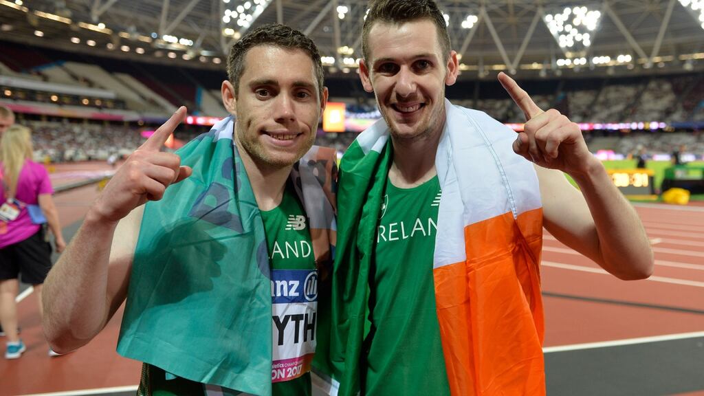 Jason Smyth and Michael McKillop celebrate their gold medals at the 2017 Para Athletics World Championships at the Olympic Stadium in London. Photograph: Luc Percival/Sportsfile