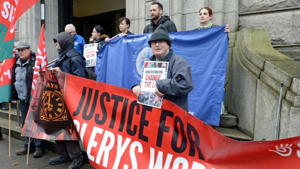 Former workers at Clerys protest outside the Department of Jobs, Enterprise and Innovation in Kildare street, Dublin. File photograph: Eric Luke/The Irish Times