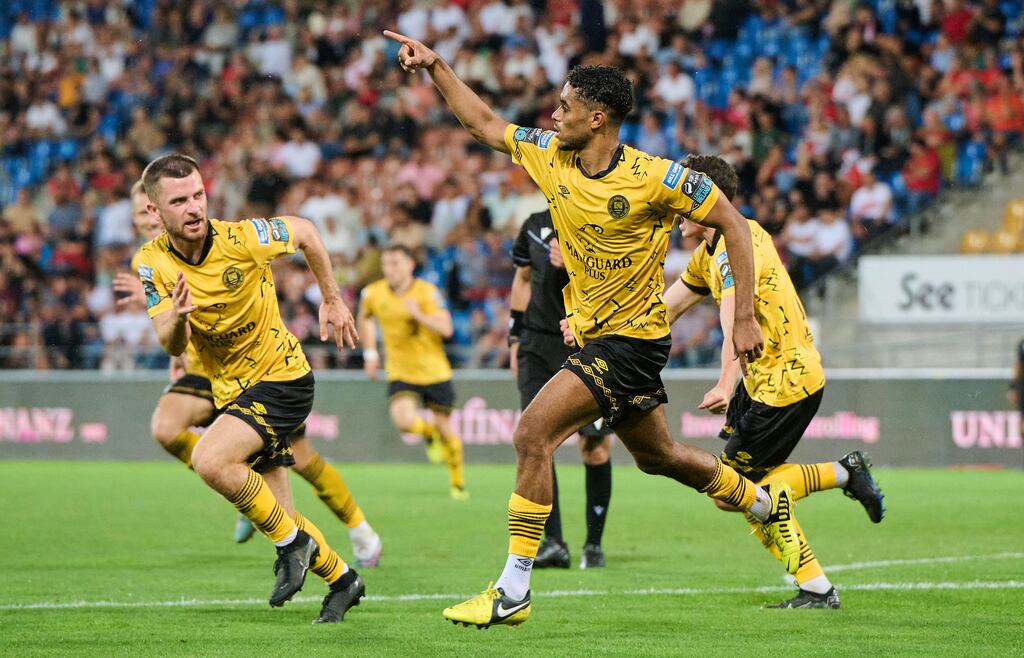 St Patrick’s Athletic’s Romal Palmer celebrates scoring their second goal in Thursday's second leg at Vaduz. Photograph: Michael Zanghellini/Inpho