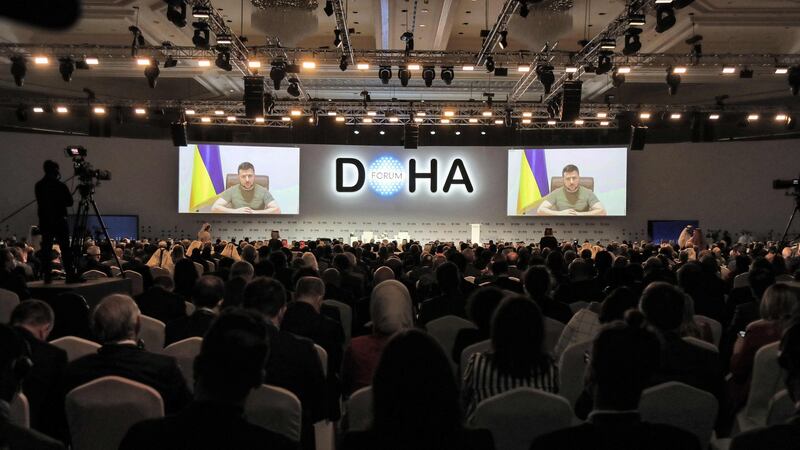Ukraine’s President Volodymyr Zelensky remotely addresses by video-link the Doha Forum in Qatar’s capital on March 26, 2022. Photograph: Karim Jaafar/AFP via Getty Images