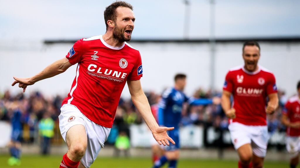 St. Patricks’ Conan Byrne celebrates scoring his side’s second goal against Limerick in the EA Sports Cup final. Photo: Tommy Dickson/Inpho