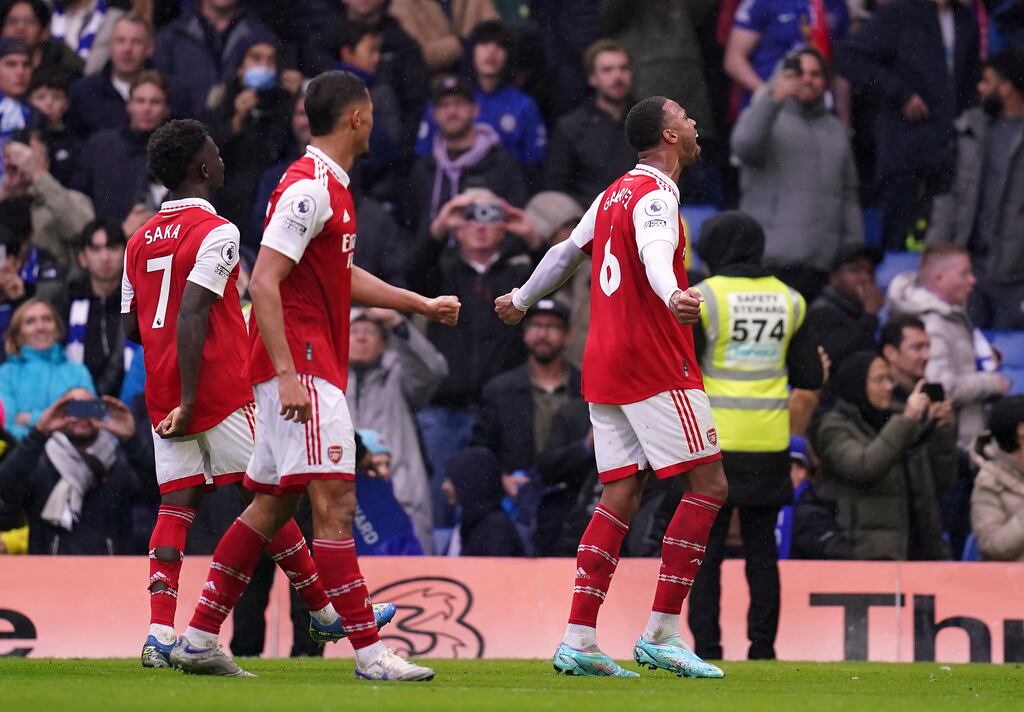 Arsenal goalscorer Gabriel and team-mates celebrate after Chelsea match at Stamford Bridge. Photograph: John Walton/PA Wire