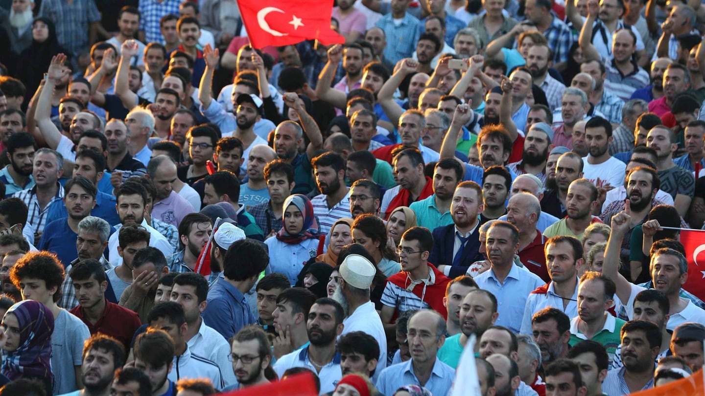 Supporters of Turkish president Tayyip Erdogan cheer at the Ataturk Airport in Istanbul, Turkey July 16, 2016. Photograph: Huseyin Aldemir/Reuters