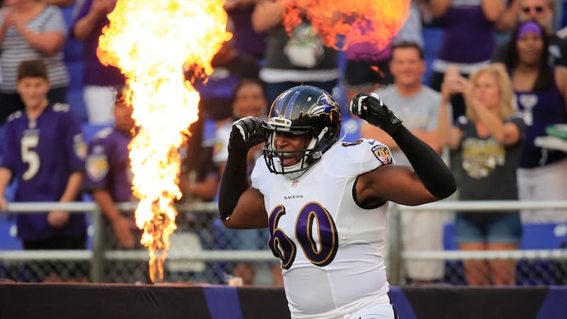 Eugene Monroe in action for the Baltimore Ravens in 2014. Photograph: Rob Carr/Getty
