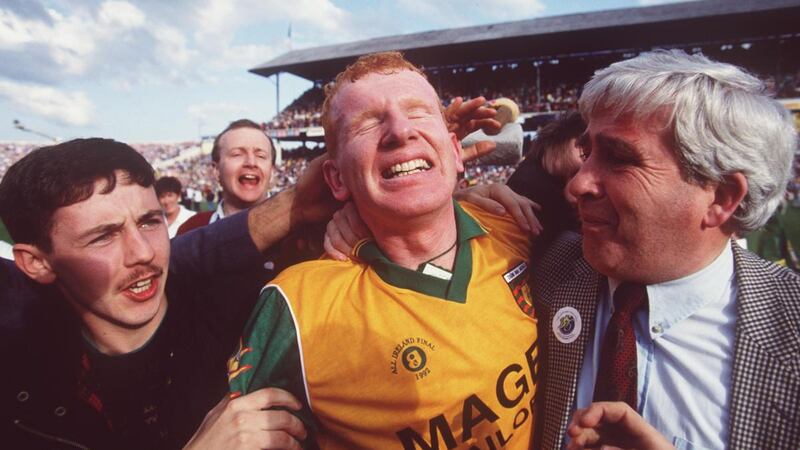 Declan Bonner celebrates  Donegal’s victory over Dublin in the 1992 All-Ireland Final. Photograph:  Billy Stickland/Inpho