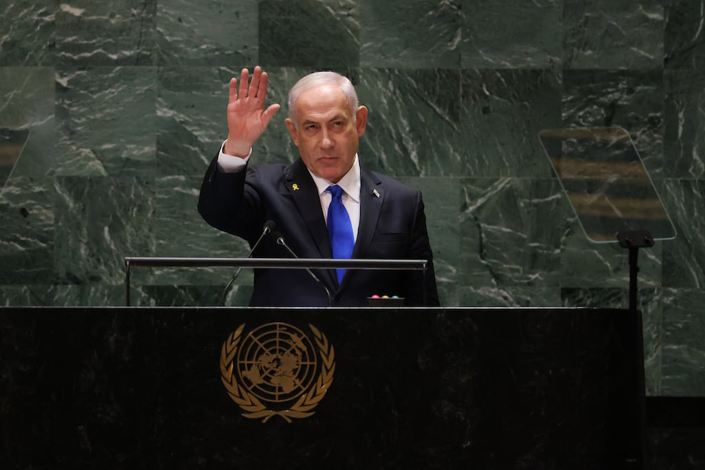 Israeli prime minister Binyamin Netanyahu gestures after addressing the United Nations General Assembly on Friday. Photograph: Charly Triballeau/AFP via Getty Images
