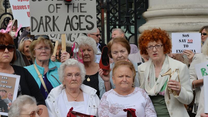 Members and supporters of Survivors of Symphysiotomy (SOS) at Government Buildings in 2014. Photograph: Alan Betson