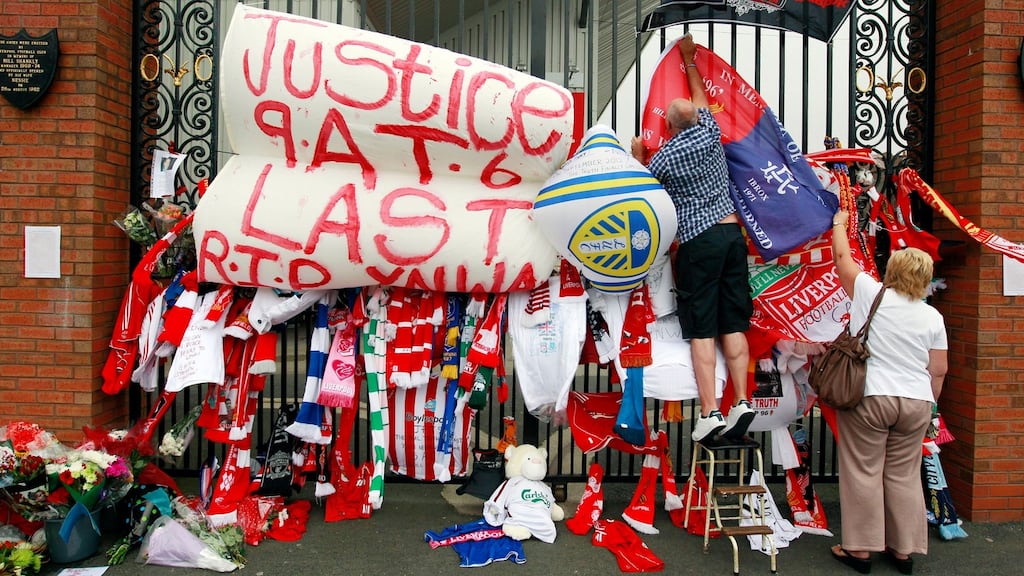 A file picture of tributes placed at the Shankly Gates next to the Hillsborough Memorial at Liverpool’s Anfield Stadium. Photograph: Dave Thompson/PA Wire