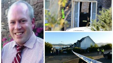 Clockwise from left: GardaTony Golden, a doorway at the scene of the shooting and Garda tape at the entrance to the Mullach Álainn estate in Omeath, Co Louth where the shooting took place.