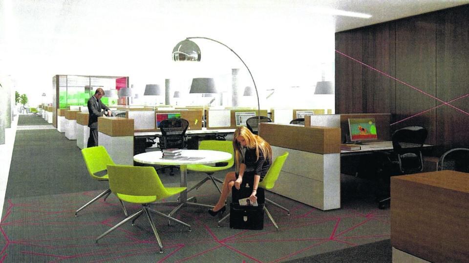 A computer-generated view of a work area in the planned new Central Bank,  which will be built on a Dublin docklands site once earmarked as a head office for the former Anglo Irish Bank