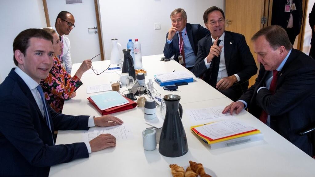 Austrian chancellor Sebastian Kurz, Denmark’s prime minister Mette Frederiksen, Dutch prime Minister Mark Rutte and Swedish prime minister Stefan Lofven. Photograph: Francisco Seco/Pool/AFP via Getty