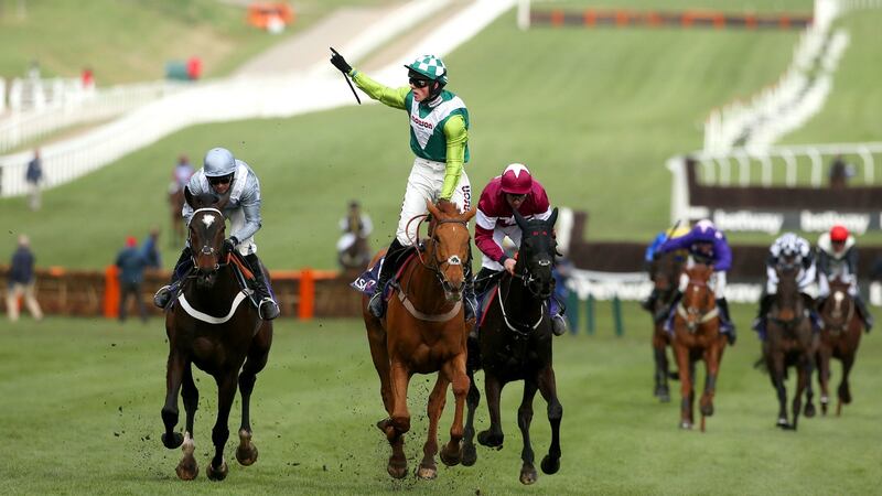 Topofthegame ridden by jockey Harry Cobden (centre) wins the RSA Insurance Novices’ Chase during Ladies Day of the 2019 Cheltenham Festival at Cheltenham Racecourse. Photo: Paul Harding/PA Wire