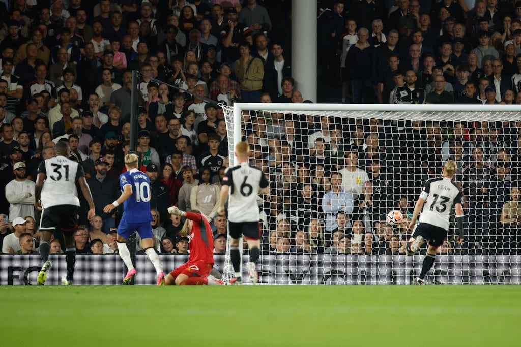 Mykhailo Mudryk scores his first goal for Chelsea during the Premier League game against Fulham at Craven Cottage. Photograph: David Cliff/EPA