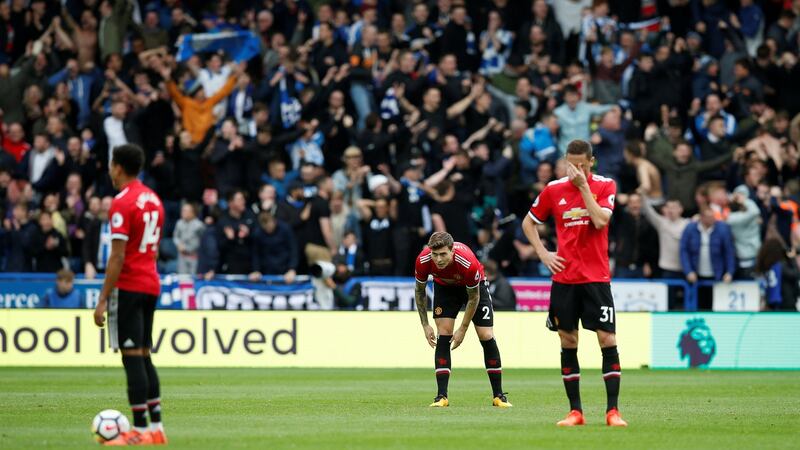 Nemanja Matic looks dejected after Huddersfield Town’s second goal against Manchester United. Photograph: Andrew Yates/Reuters