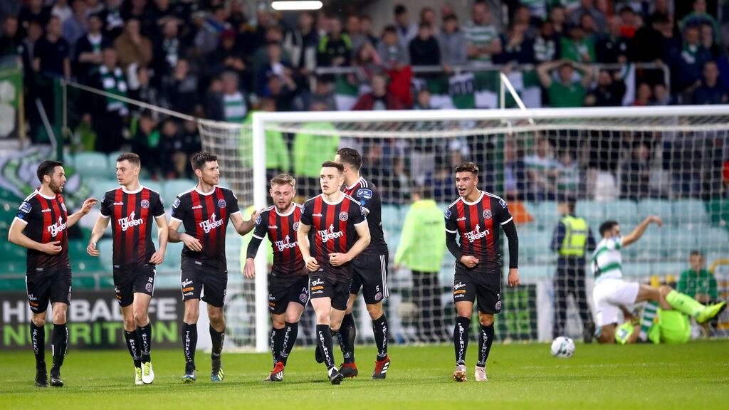 Bohemians celebrate Dinny Corcoran’s winner against Shamrock Rovers. Photograph: James Crombie/Inpho