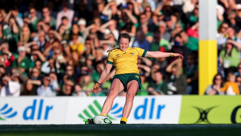 Australia’s Samantha Treherne misses a conversion against Ireland as the ball falls off the tee. Potograph: Bryan Keane/Inpho