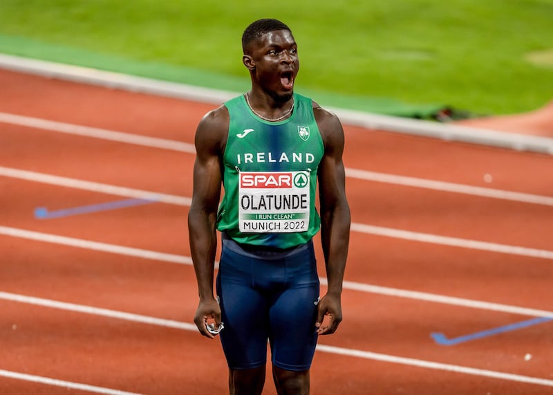 Ireland’s Israel Olatunde after the 100m final. Photograph: Morgan Treacy/Inpho