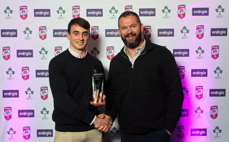 Ireland head coach Andy Farrell presents the Energia All-Ireland League Men's Division 1A Player Of The Year award to Terenure College's Caolan Dooley (Terenure College RFC) at Old Wesley RFC. Photograph: Ryan Byrne/Inpho