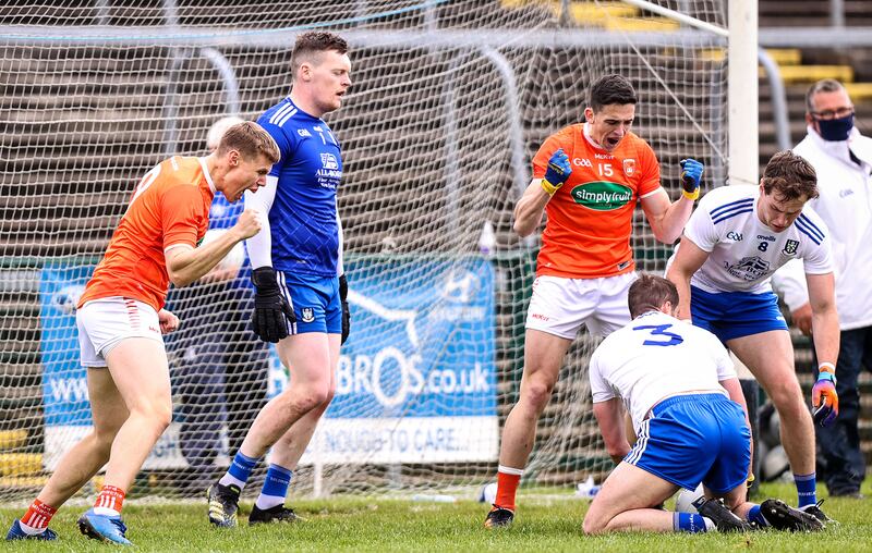 Armagh's Oisín O'Neill and Rory Grugan celebrate winning a free
against old foe Monaghan. File photograph: Tommy Dickson/Inpho