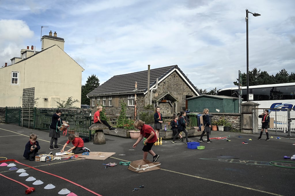The Manx language can be heard as children play with chalk or learn geography at Bunscoill Ghaelgagh, a school in St John’s on the Isle of Man. Photograph: Mary Turner/The New York Times