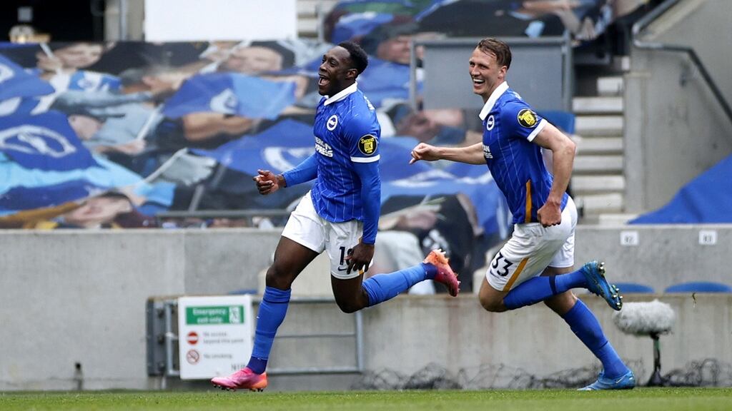 Danny Welbeck celebrates scoring Brighton’s second against Leeds. Photograph: John Sibley/EPA