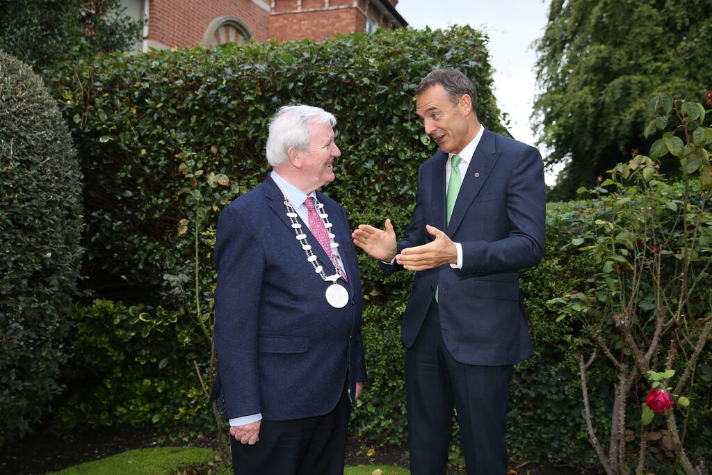 BP chief executive Bernard Looney (right) with Tom Leahy, president of the Irish Academy of Engineering, which inducted the Kerry native as a fellow on Monday. Photograph: Maxwells